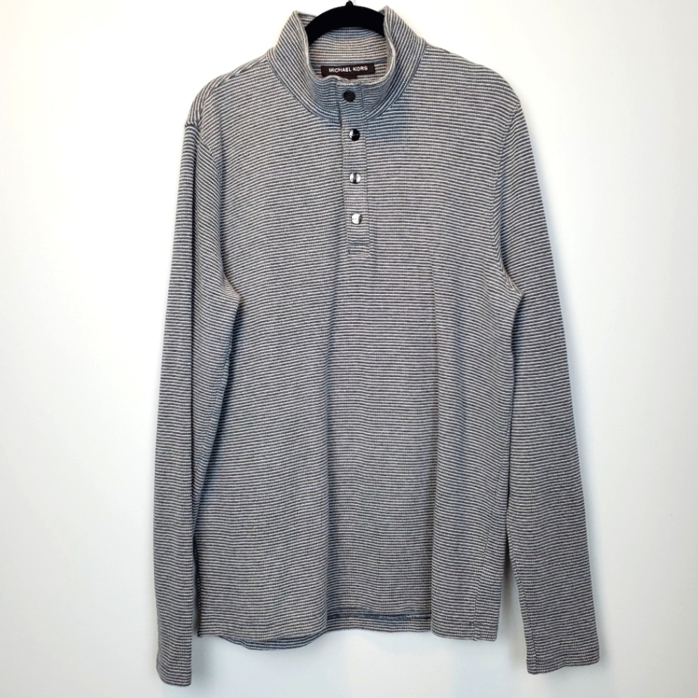 Michael Kors Gray Stripe‎ Men's Snap Button Pullover Sweater Large